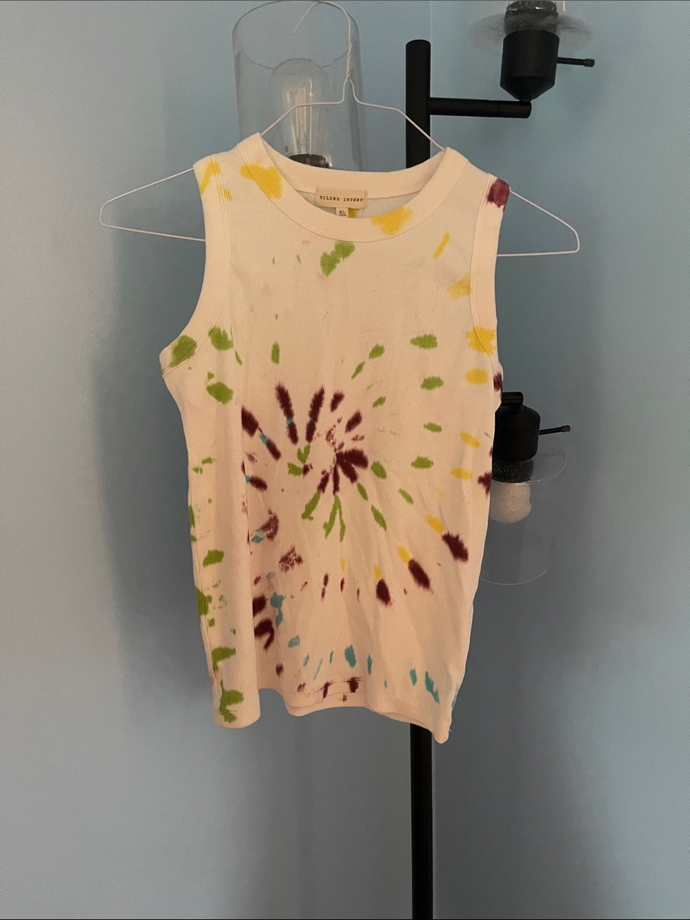 Tie-Dye Ribbed Tank Top - White with Multicolor Accents